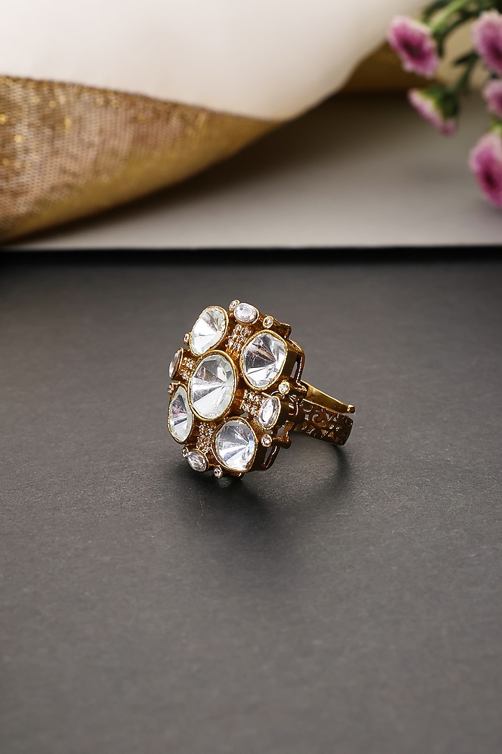 Gold Finish Kundan Polki Handcrafted Adjustable Ring by Swabhimann Jewellery at Pernia's Pop Up Shop