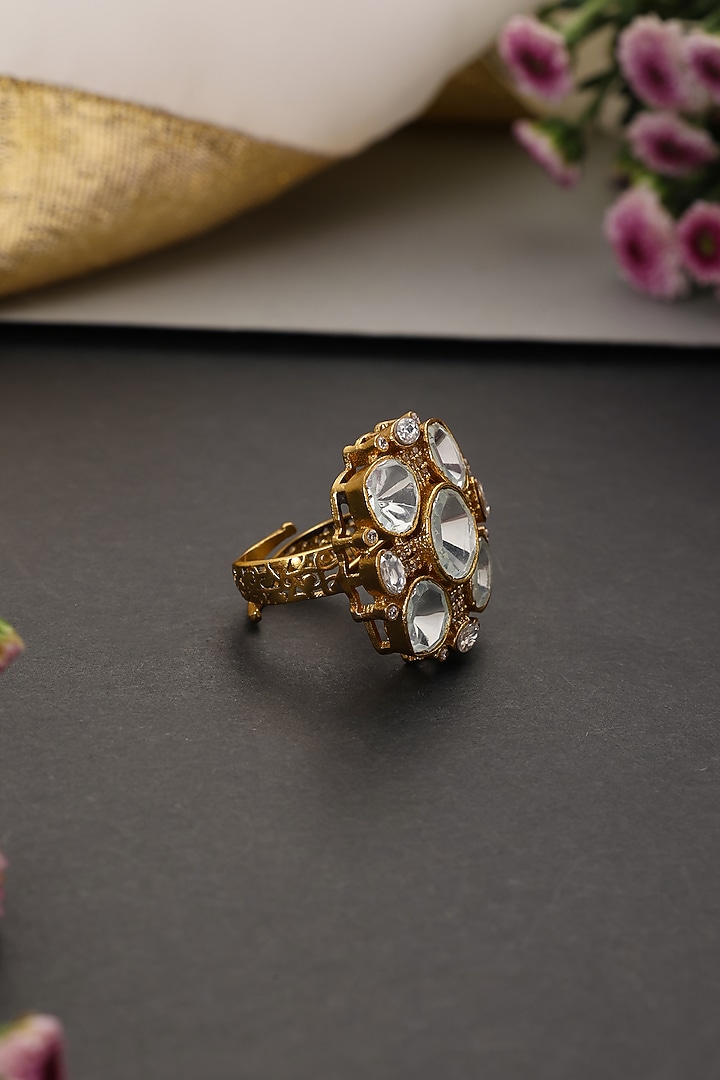Gold Finish Kundan Polki Handcrafted Adjustable Ring by Swabhimann Jewellery at Pernia's Pop Up Shop