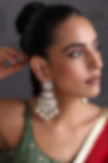 White Gold Finish Kundan Polki & Pearl Handcrafted Chandbali Earrings by Swabhimann Jewellery at Pernia's Pop Up Shop