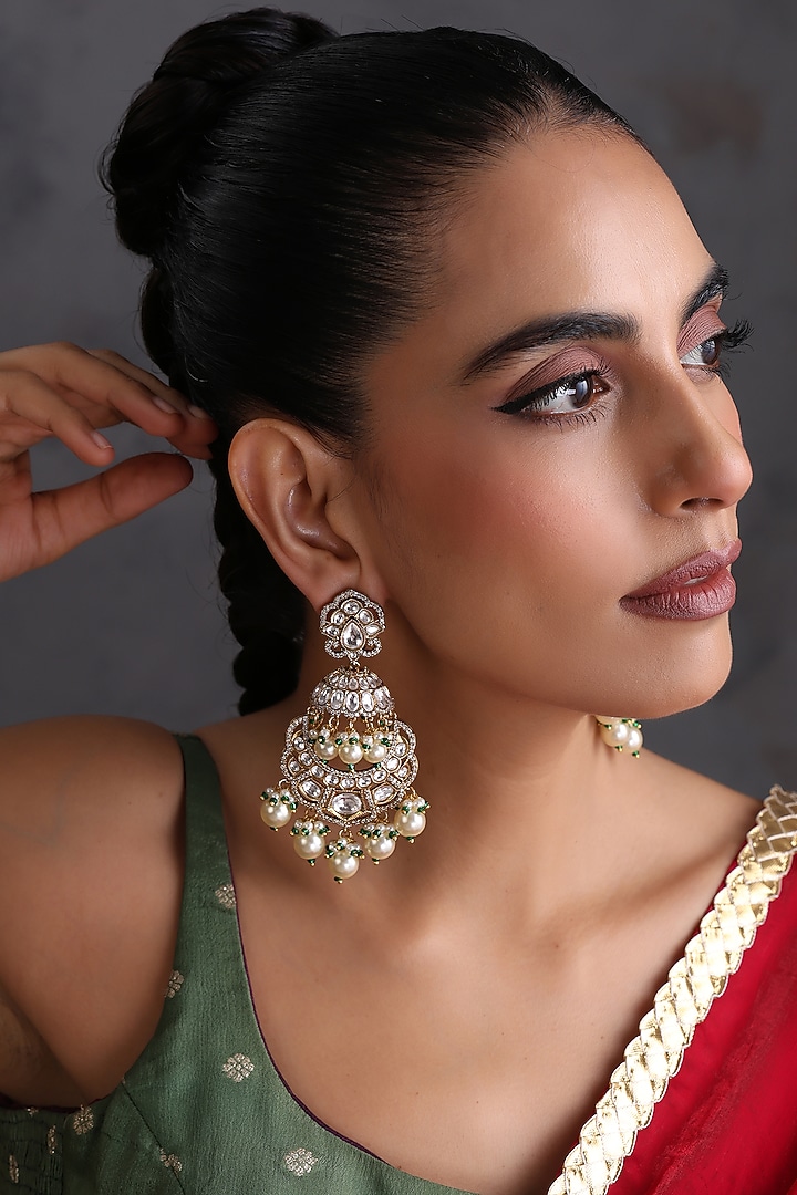 White Gold Finish Kundan Polki & Pearl Handcrafted Chandbali Earrings by Swabhimann Jewellery at Pernia's Pop Up Shop