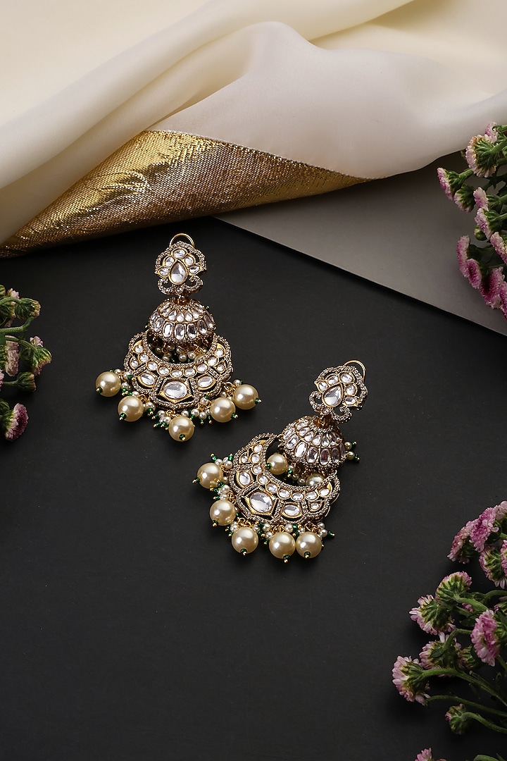 White Gold Finish Kundan Polki & Pearl Handcrafted Chandbali Earrings by Swabhimann Jewellery at Pernia's Pop Up Shop