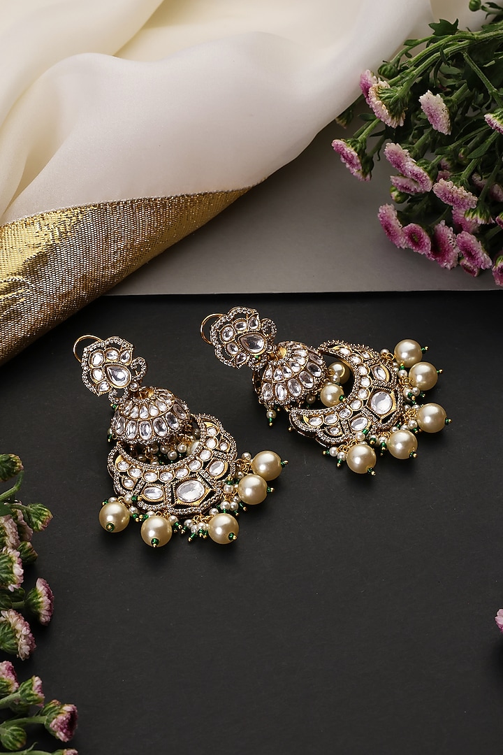 White Gold Finish Kundan Polki & Pearl Handcrafted Chandbali Earrings by Swabhimann Jewellery at Pernia's Pop Up Shop