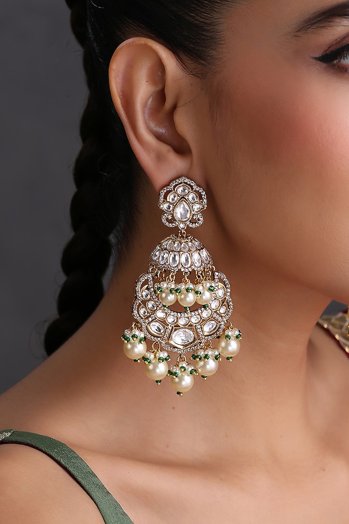 White Gold Finish Kundan Polki & Pearl Handcrafted Chandbali Earrings by Swabhimann Jewellery at Pernia's Pop Up Shop