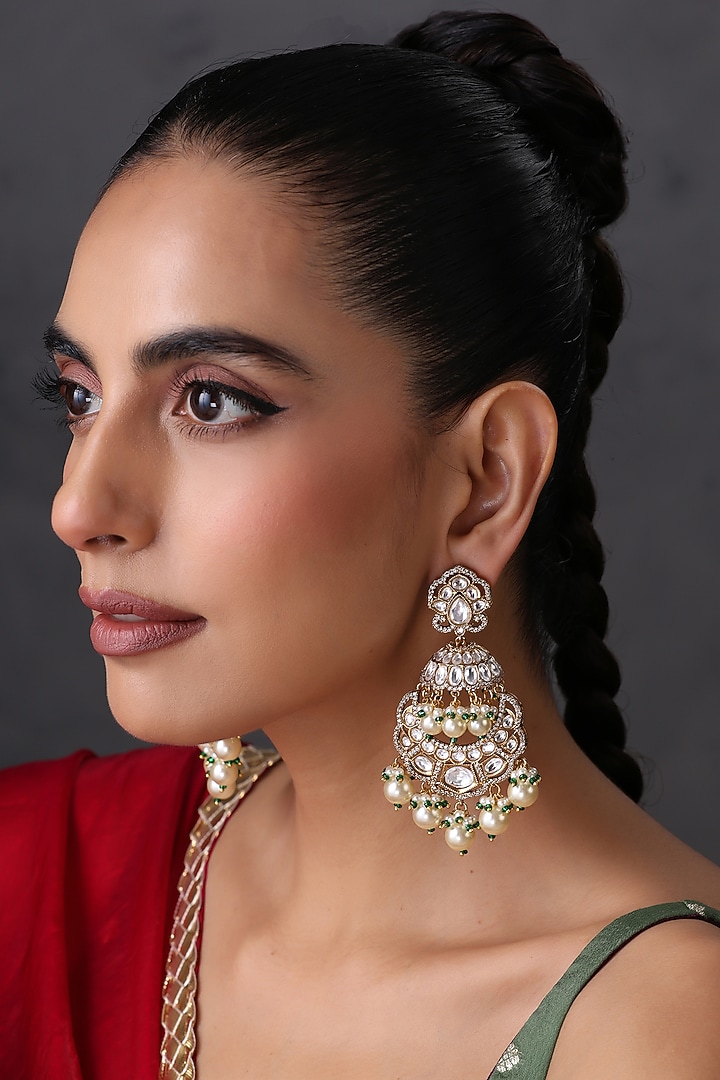 White Gold Finish Kundan Polki & Pearl Handcrafted Chandbali Earrings by Swabhimann Jewellery at Pernia's Pop Up Shop