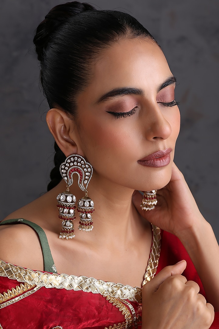 Gold Finish Red Kundan Polki Handcrafted Jhumka Earrings by Swabhimann Jewellery at Pernia's Pop Up Shop