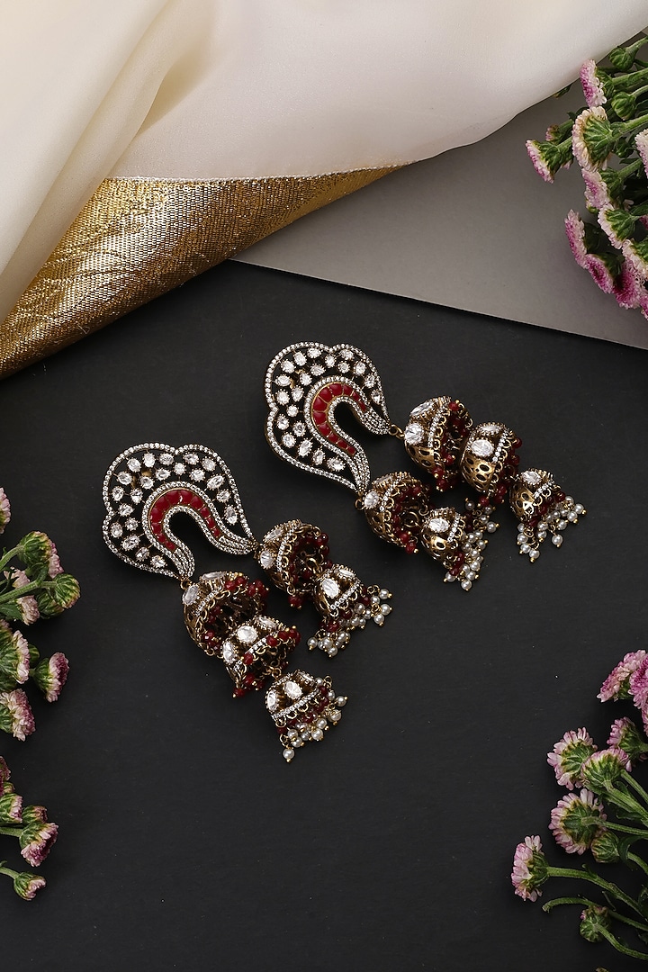 Gold Finish Red Kundan Polki Handcrafted Jhumka Earrings by Swabhimann Jewellery at Pernia's Pop Up Shop