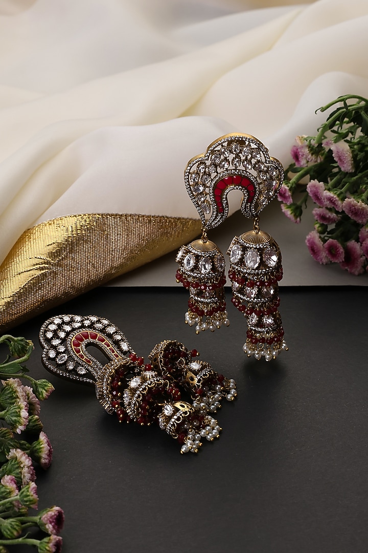 Gold Finish Red Kundan Polki Handcrafted Jhumka Earrings by Swabhimann Jewellery at Pernia's Pop Up Shop