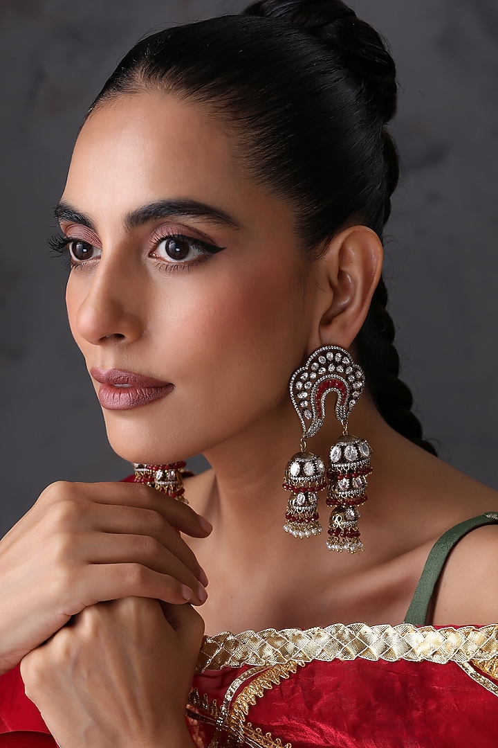 Gold Finish Red Kundan Polki Handcrafted Jhumka Earrings by Swabhimann Jewellery at Pernia's Pop Up Shop