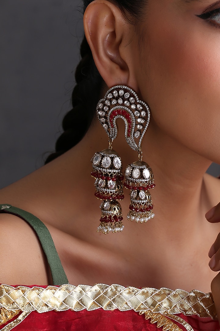 Gold Finish Red Kundan Polki Handcrafted Jhumka Earrings by Swabhimann Jewellery at Pernia's Pop Up Shop