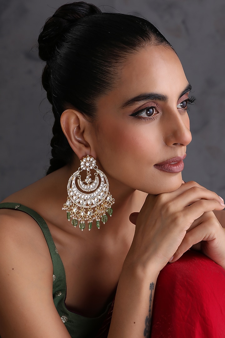 Gold Finish Mint Kundan Polki Handcrafted Chandbali Earrings by Swabhimann Jewellery at Pernia's Pop Up Shop
