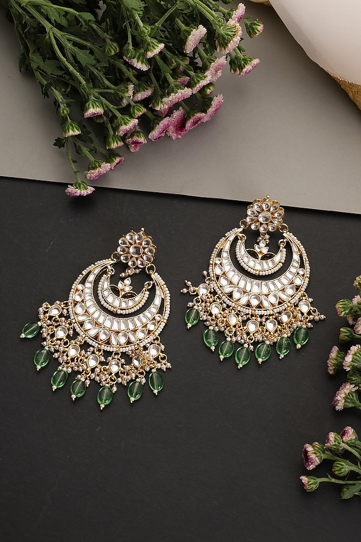 Gold Finish Mint Kundan Polki Handcrafted Chandbali Earrings by Swabhimann Jewellery at Pernia's Pop Up Shop
