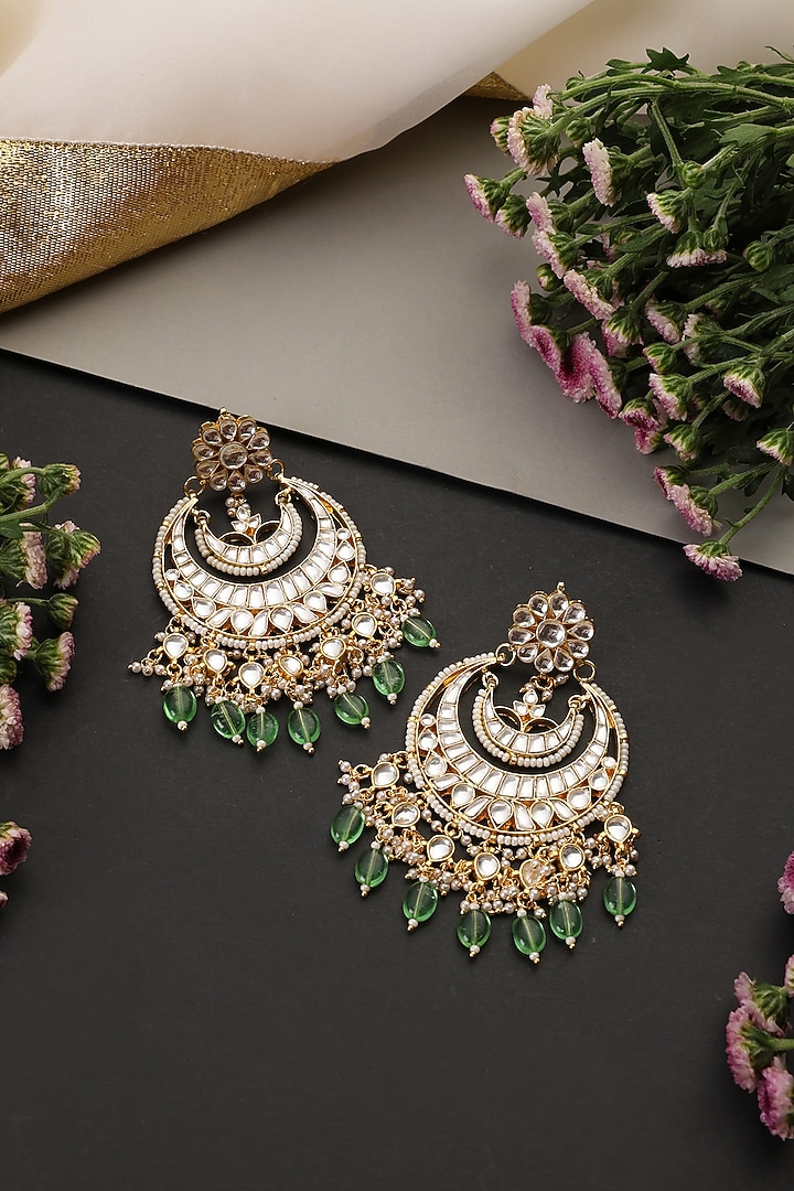 Gold Finish Mint Kundan Polki Handcrafted Chandbali Earrings by Swabhimann Jewellery at Pernia's Pop Up Shop