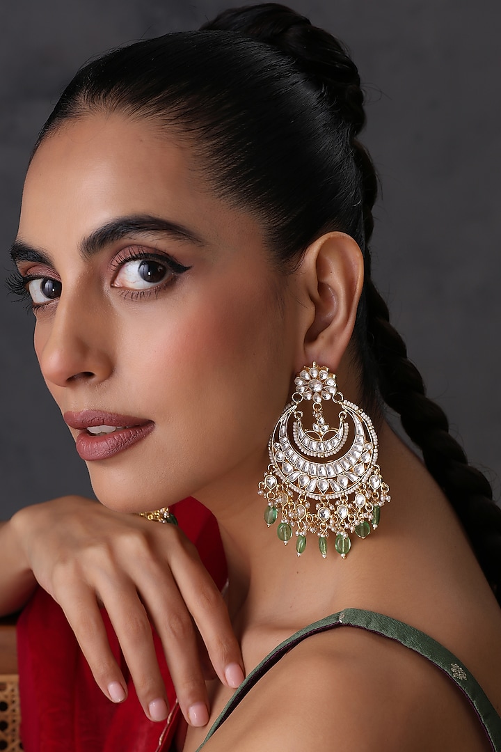 Gold Finish Mint Kundan Polki Handcrafted Chandbali Earrings by Swabhimann Jewellery at Pernia's Pop Up Shop