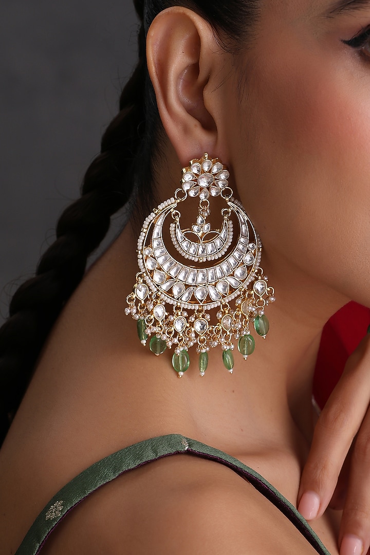 Gold Finish Mint Kundan Polki Handcrafted Chandbali Earrings by Swabhimann Jewellery at Pernia's Pop Up Shop