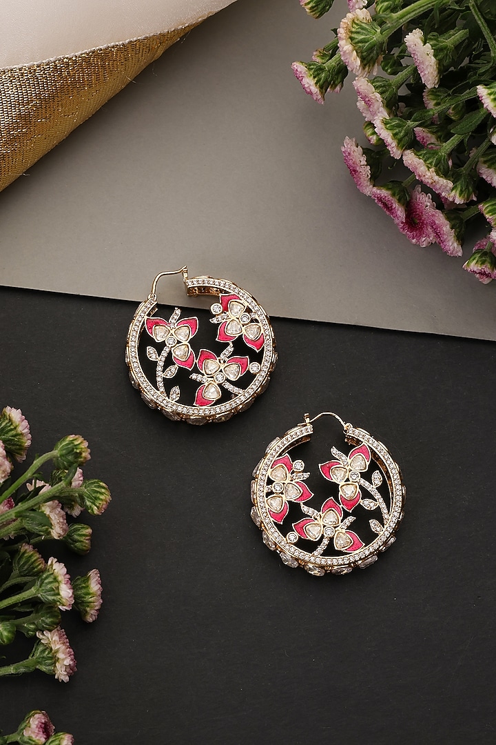 Gold Finish Red Kundan Polki Handcrafted Hoop Earrings by Swabhimann Jewellery at Pernia's Pop Up Shop