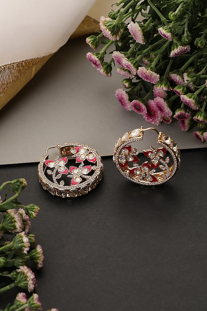 Gold Finish Red Kundan Polki Handcrafted Hoop Earrings by Swabhimann Jewellery at Pernia's Pop Up Shop