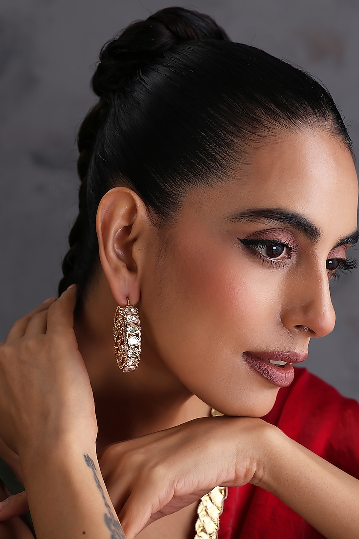 Gold Finish Red Kundan Polki Handcrafted Hoop Earrings by Swabhimann Jewellery at Pernia's Pop Up Shop