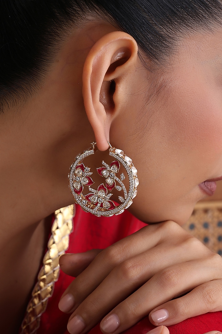 Gold Finish Red Kundan Polki Handcrafted Hoop Earrings by Swabhimann Jewellery at Pernia's Pop Up Shop