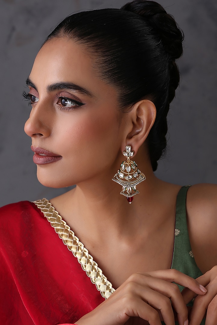 Gold Finish Red Kundan Polki Handcrafted Jhumka Earrings by Swabhimann Jewellery at Pernia's Pop Up Shop