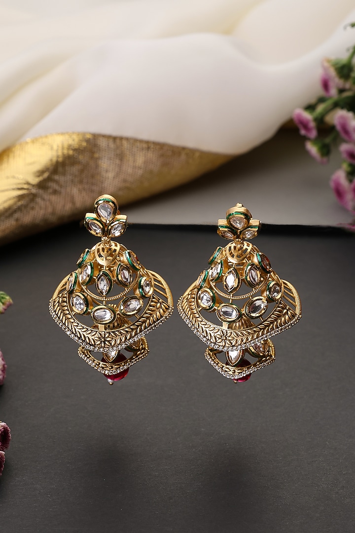 Gold Finish Red Kundan Polki Handcrafted Jhumka Earrings by Swabhimann Jewellery at Pernia's Pop Up Shop