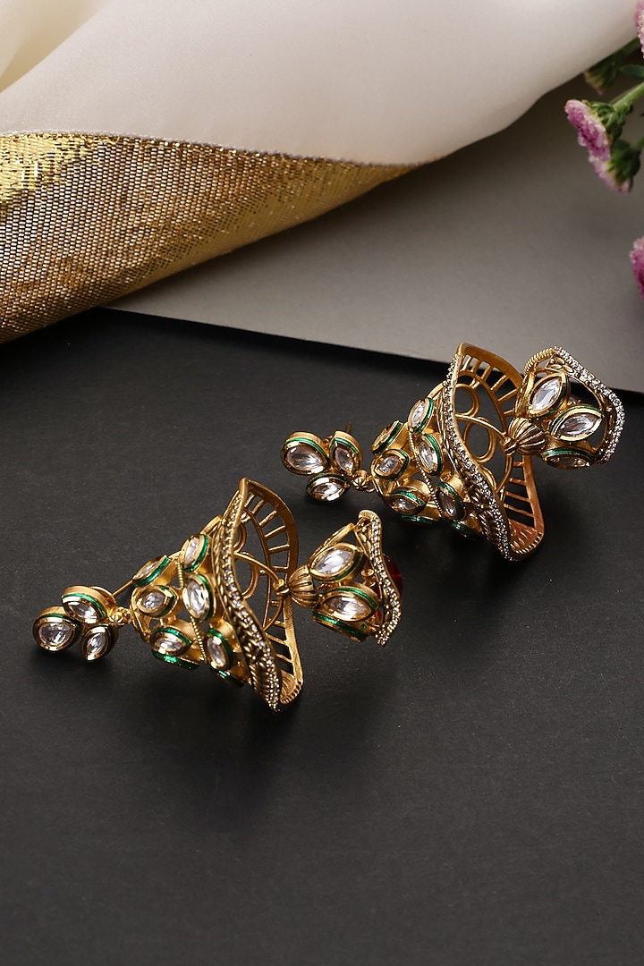 Gold Finish Red Kundan Polki Handcrafted Jhumka Earrings by Swabhimann Jewellery at Pernia's Pop Up Shop