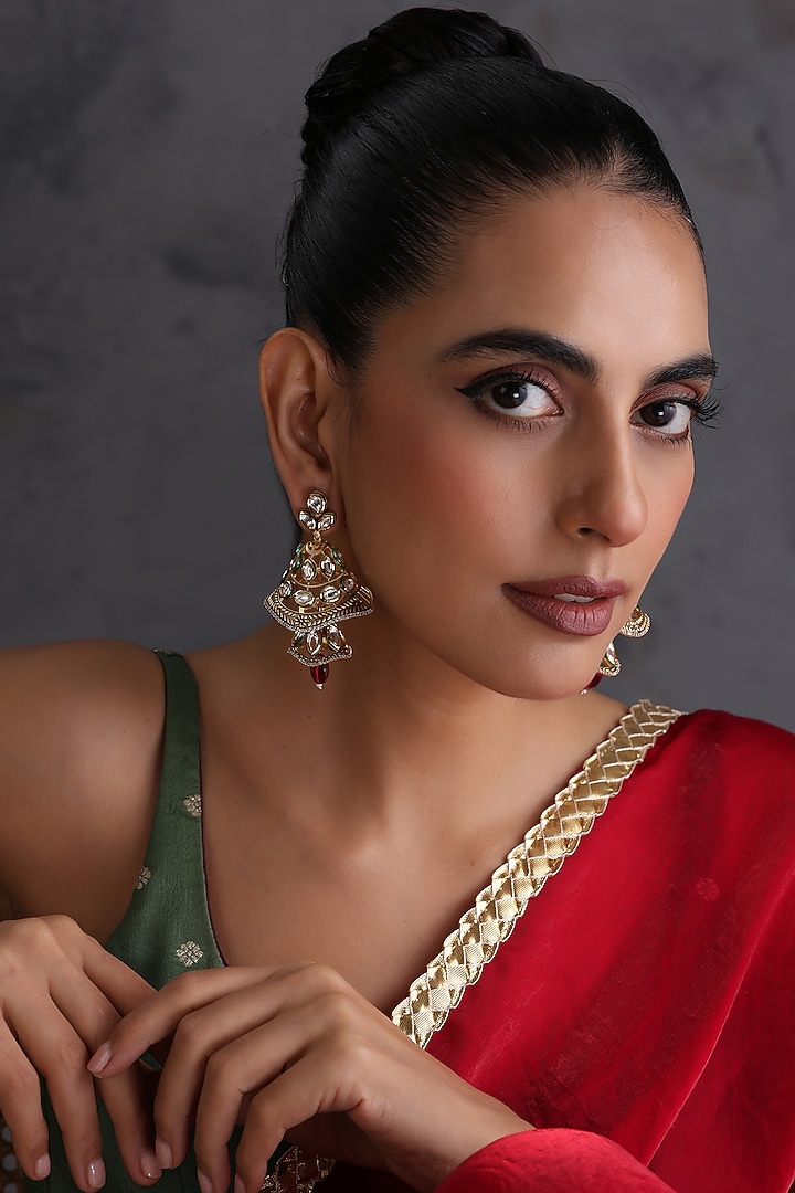 Gold Finish Red Kundan Polki Handcrafted Jhumka Earrings by Swabhimann Jewellery at Pernia's Pop Up Shop