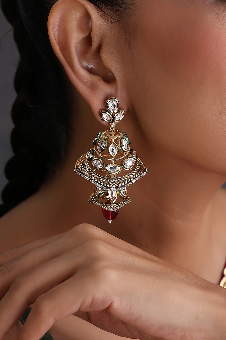 Gold Finish Red Kundan Polki Handcrafted Jhumka Earrings by Swabhimann Jewellery at Pernia's Pop Up Shop