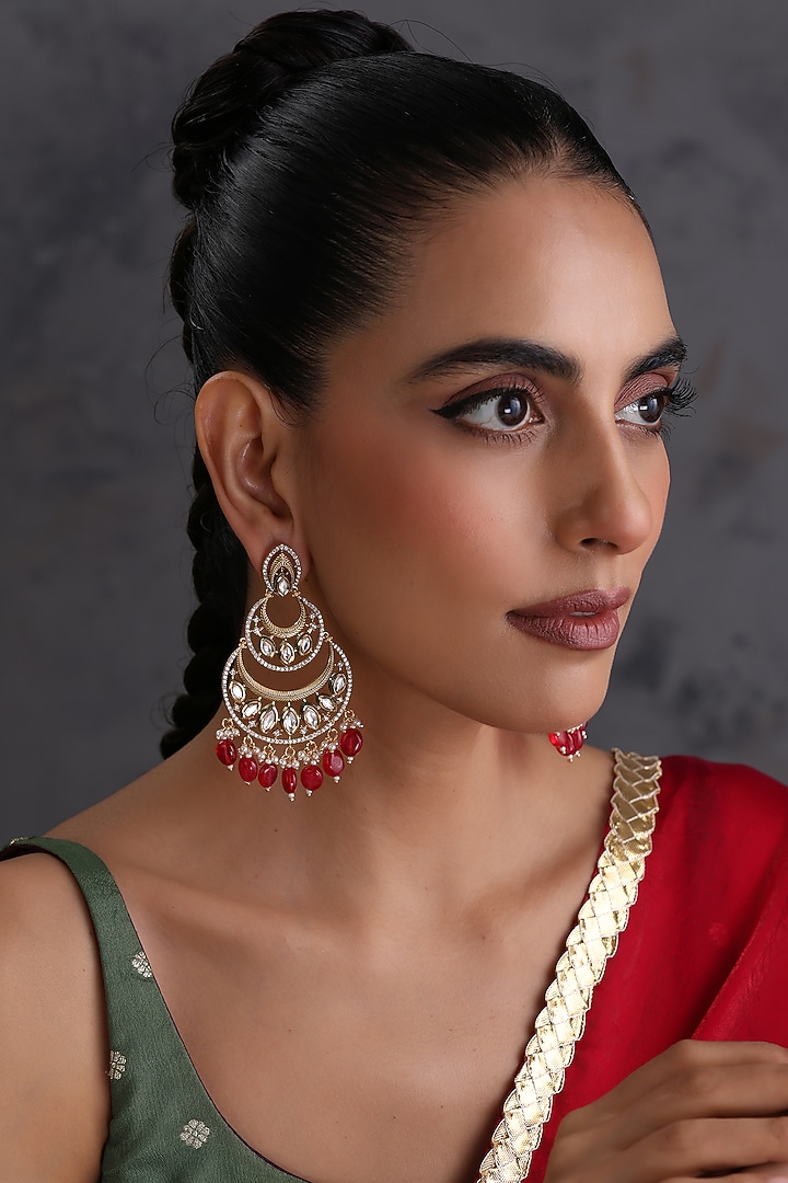 Gold Finish Red Kundan Polki Handcrafted Chandbali Earrings by Swabhimann Jewellery at Pernia's Pop Up Shop