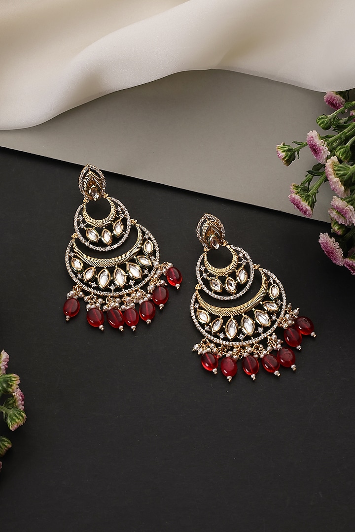 Gold Finish Red Kundan Polki Handcrafted Chandbali Earrings by Swabhimann Jewellery at Pernia's Pop Up Shop