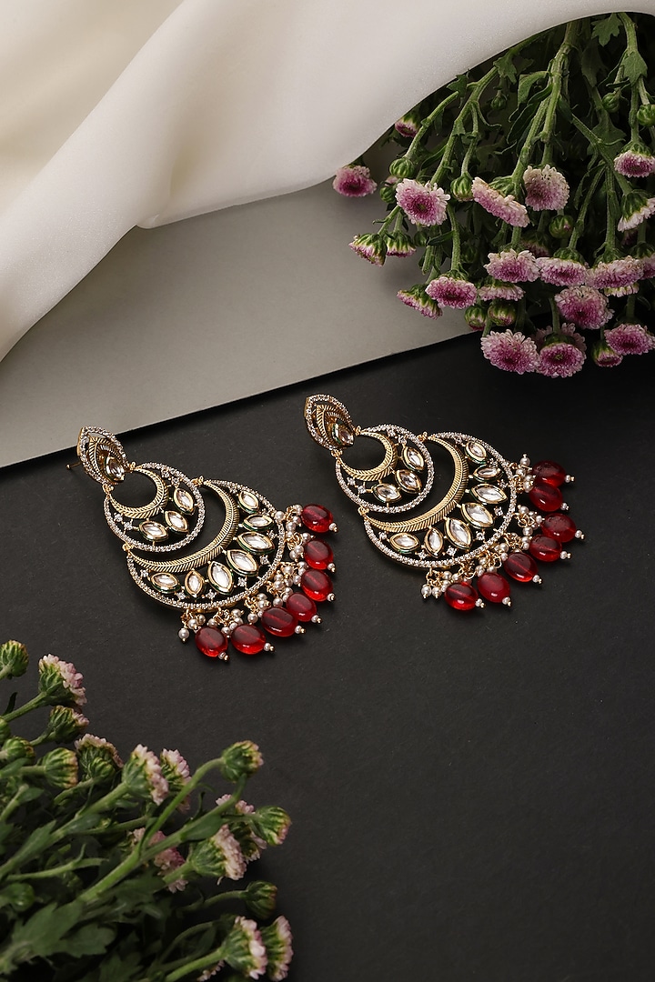 Gold Finish Red Kundan Polki Handcrafted Chandbali Earrings by Swabhimann Jewellery at Pernia's Pop Up Shop