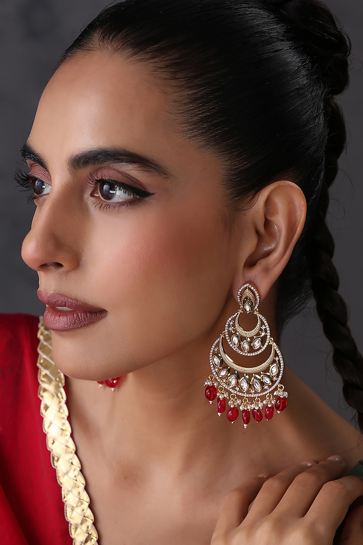 Gold Finish Red Kundan Polki Handcrafted Chandbali Earrings by Swabhimann Jewellery at Pernia's Pop Up Shop
