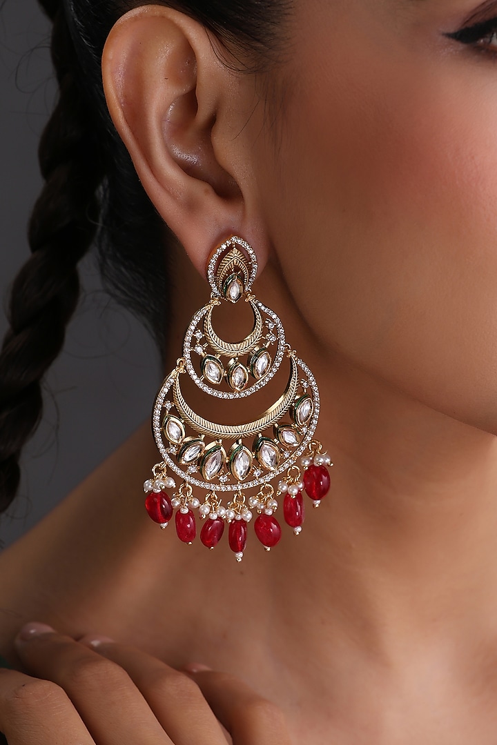 Gold Finish Red Kundan Polki Handcrafted Chandbali Earrings by Swabhimann Jewellery at Pernia's Pop Up Shop