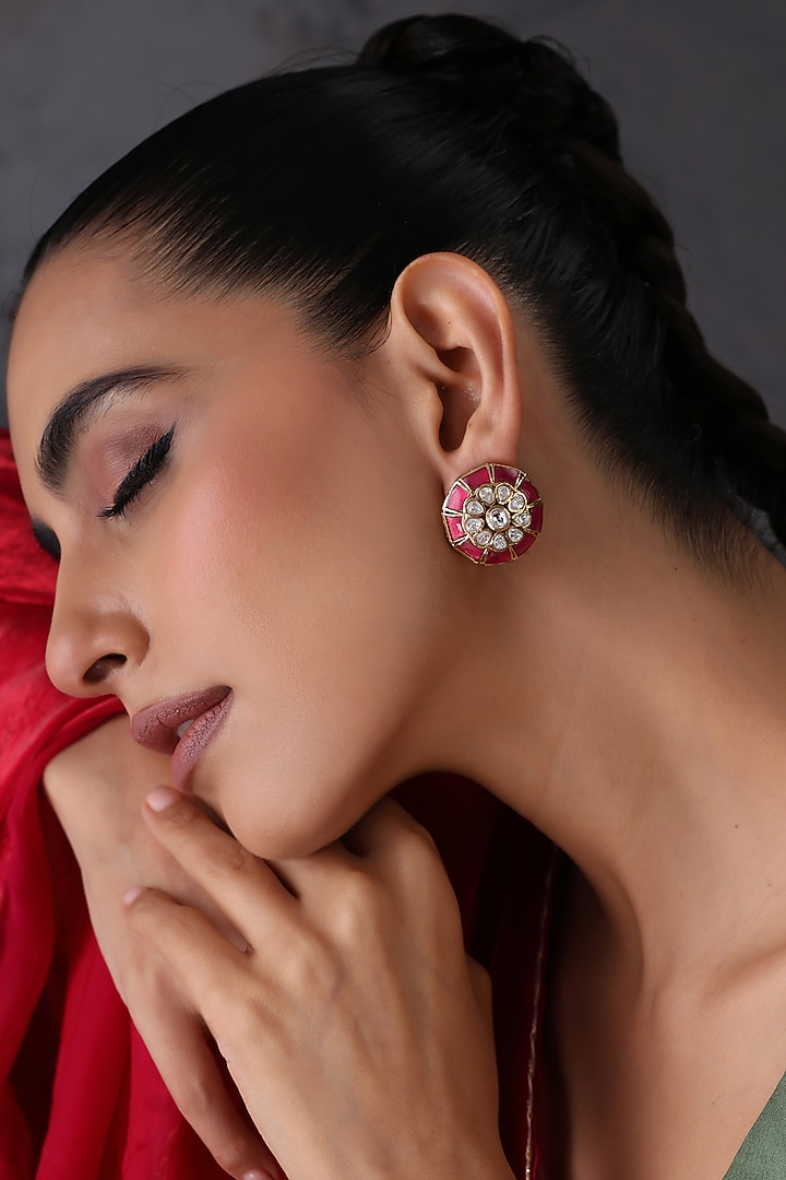 Gold Finish Ruby & Kundan Polki Handcrafted Stud Earrings by Swabhimann Jewellery at Pernia's Pop Up Shop