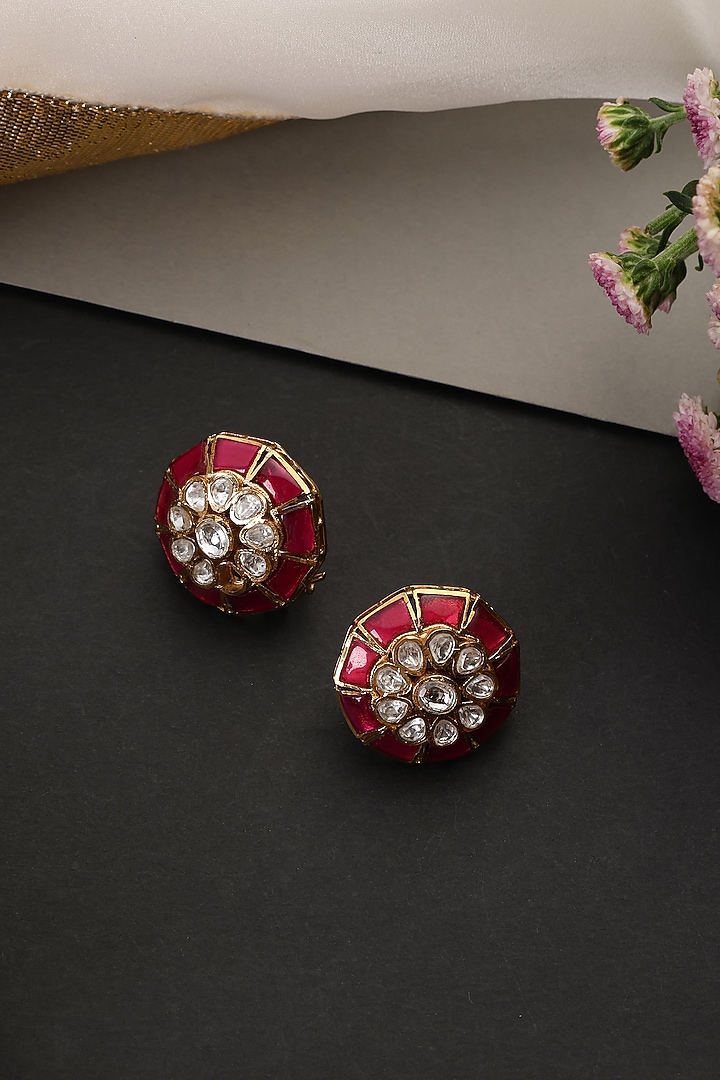 Gold Finish Ruby & Kundan Polki Handcrafted Stud Earrings by Swabhimann Jewellery at Pernia's Pop Up Shop