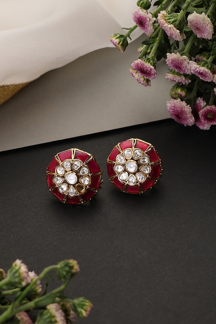 Gold Finish Ruby & Kundan Polki Handcrafted Stud Earrings by Swabhimann Jewellery at Pernia's Pop Up Shop