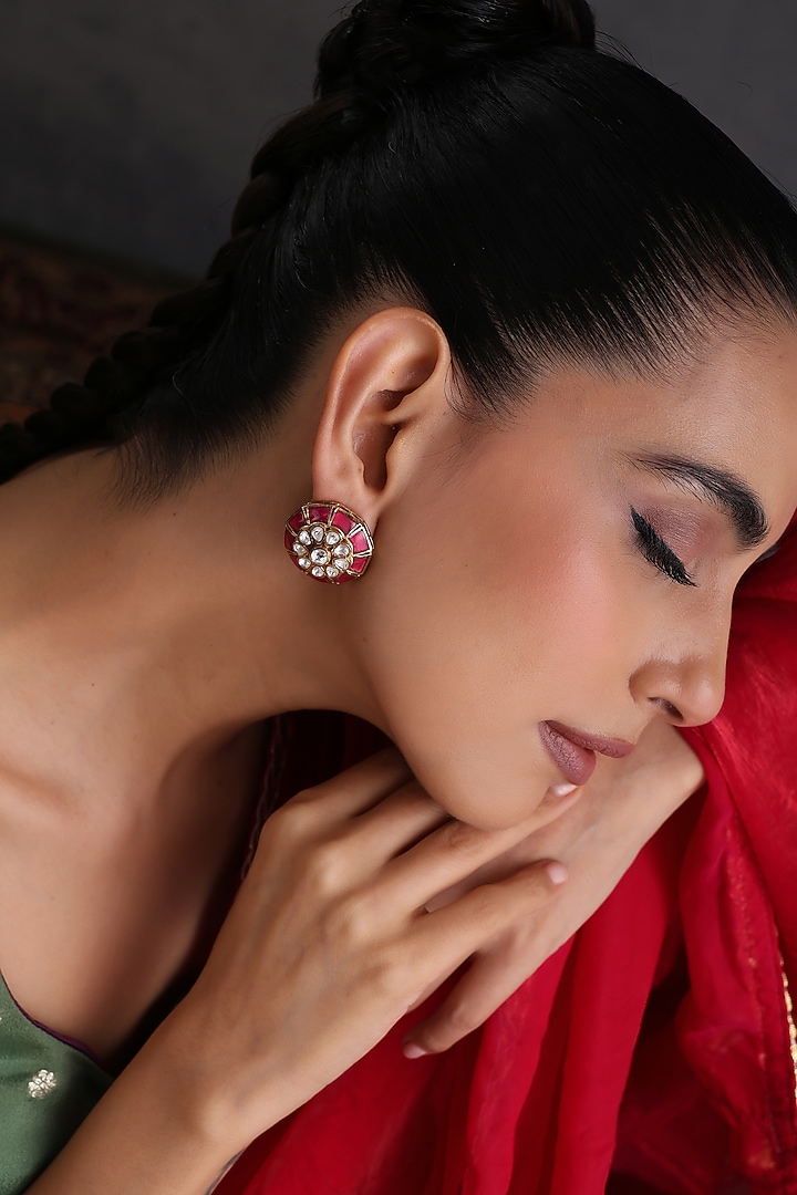 Gold Finish Ruby & Kundan Polki Handcrafted Stud Earrings by Swabhimann Jewellery at Pernia's Pop Up Shop