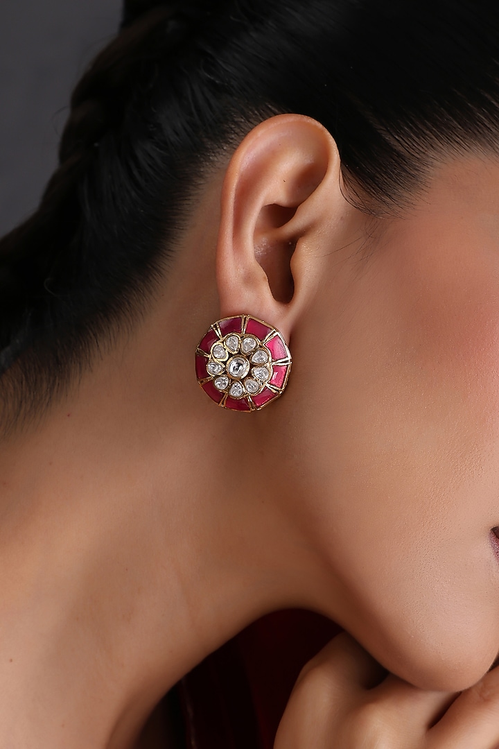 Gold Finish Ruby & Kundan Polki Handcrafted Stud Earrings by Swabhimann Jewellery at Pernia's Pop Up Shop
