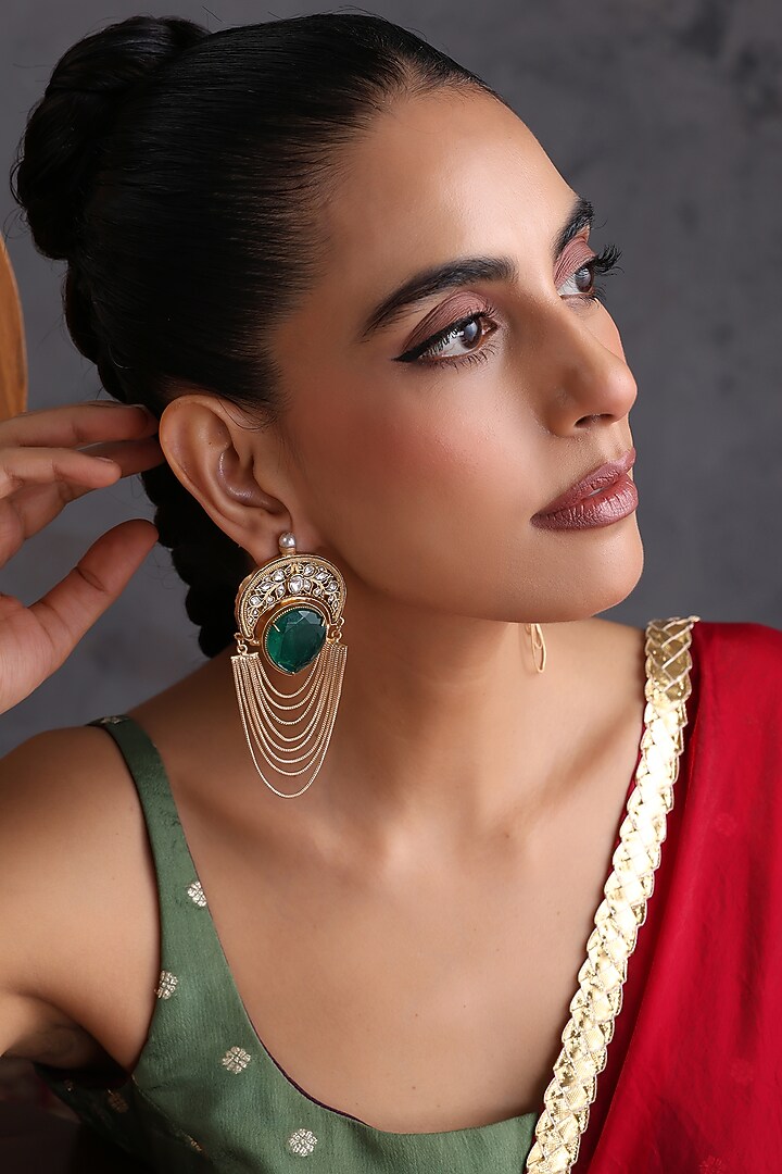 Gold Finish Emerald & Kundan Polki Handcrafted Dangler Earrings by Swabhimann Jewellery at Pernia's Pop Up Shop