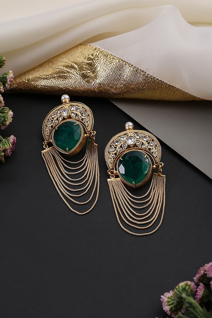Gold Finish Emerald & Kundan Polki Handcrafted Dangler Earrings by Swabhimann Jewellery at Pernia's Pop Up Shop