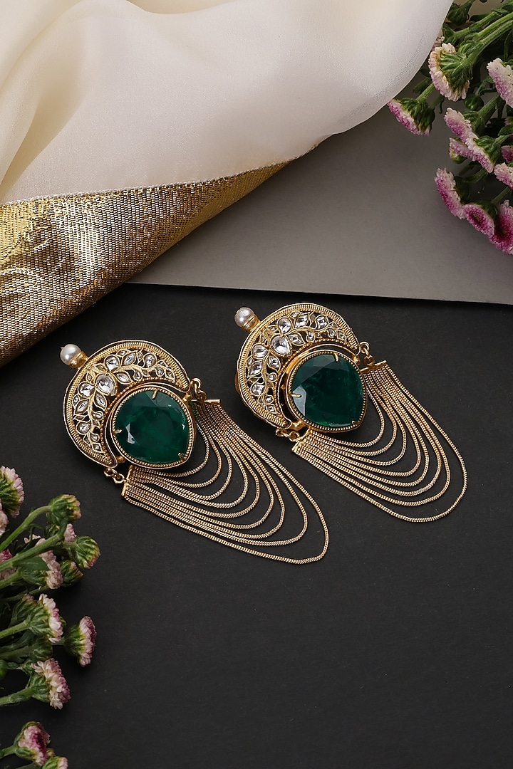 Gold Finish Emerald & Kundan Polki Handcrafted Dangler Earrings by Swabhimann Jewellery at Pernia's Pop Up Shop