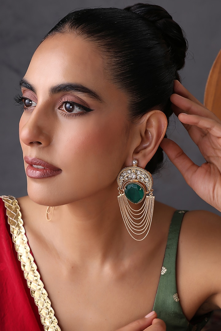 Gold Finish Emerald & Kundan Polki Handcrafted Dangler Earrings by Swabhimann Jewellery at Pernia's Pop Up Shop