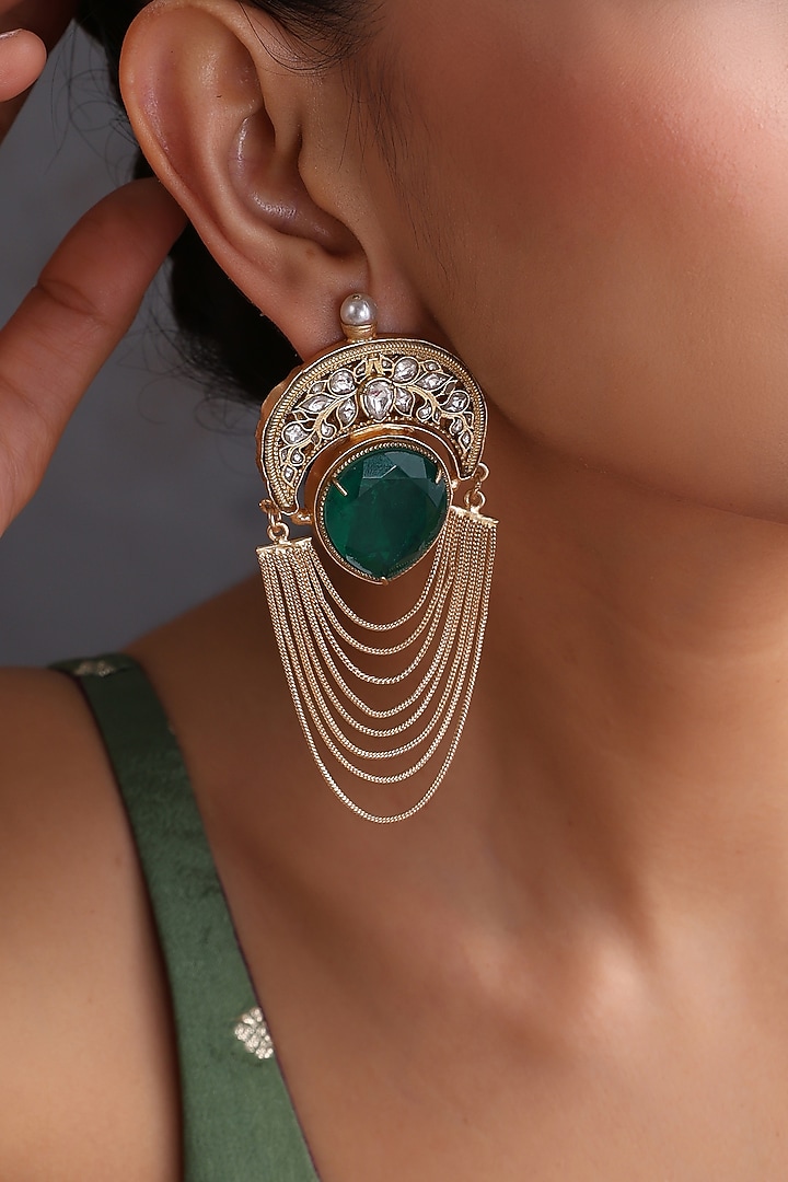 Gold Finish Emerald & Kundan Polki Handcrafted Dangler Earrings by Swabhimann Jewellery at Pernia's Pop Up Shop