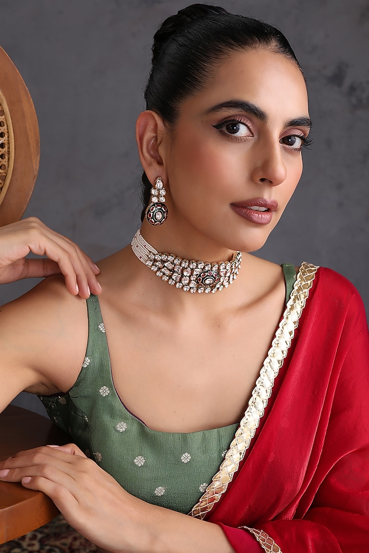 Gold Finish Red & Green Kundan Polki Choker Necklace Set by Swabhimann Jewellery at Pernia's Pop Up Shop