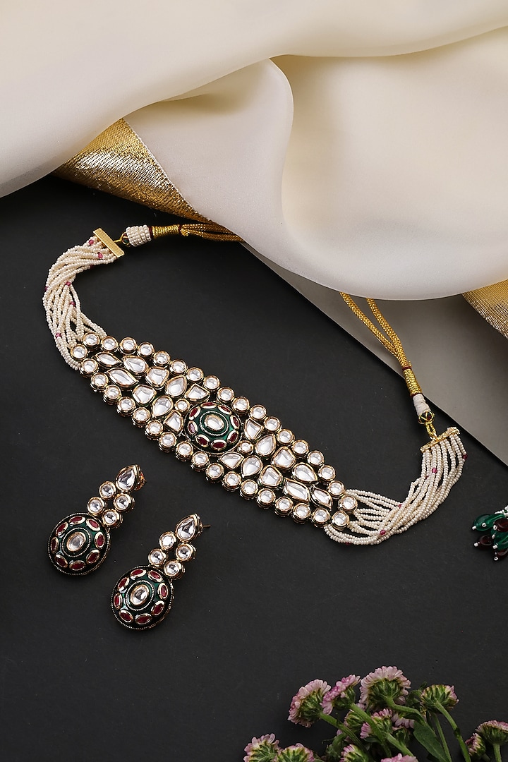 Gold Finish Red & Green Kundan Polki Choker Necklace Set by Swabhimann Jewellery at Pernia's Pop Up Shop