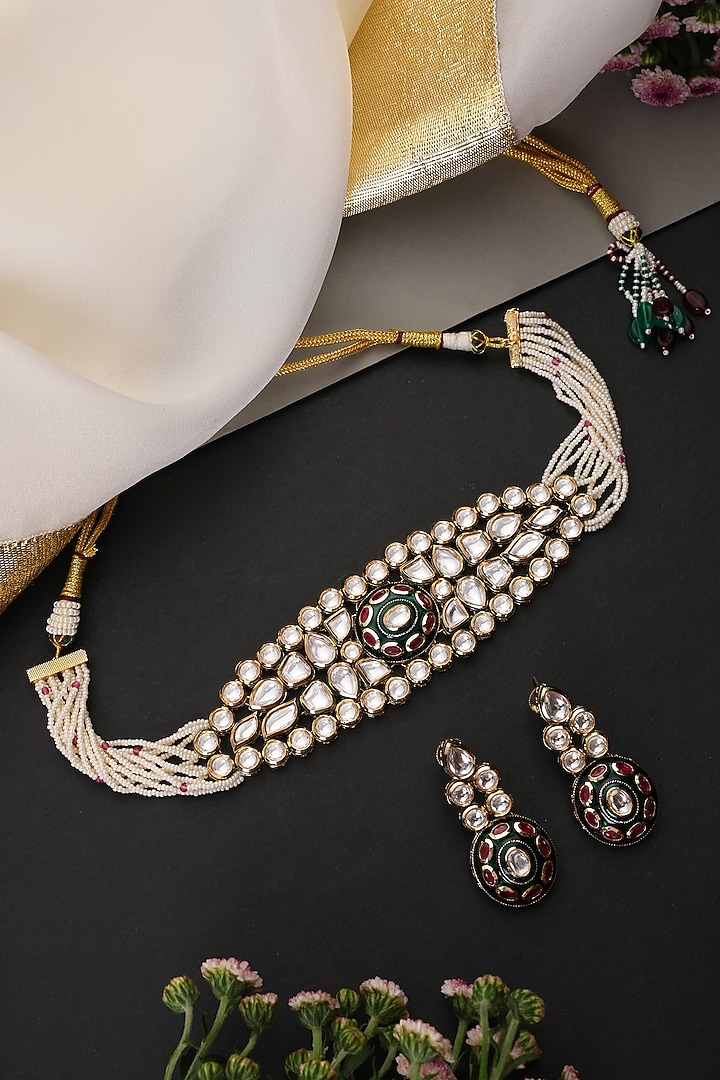Gold Finish Red & Green Kundan Polki Choker Necklace Set by Swabhimann Jewellery at Pernia's Pop Up Shop