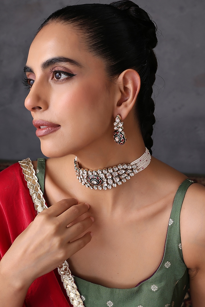 Gold Finish Red & Green Kundan Polki Choker Necklace Set by Swabhimann Jewellery at Pernia's Pop Up Shop
