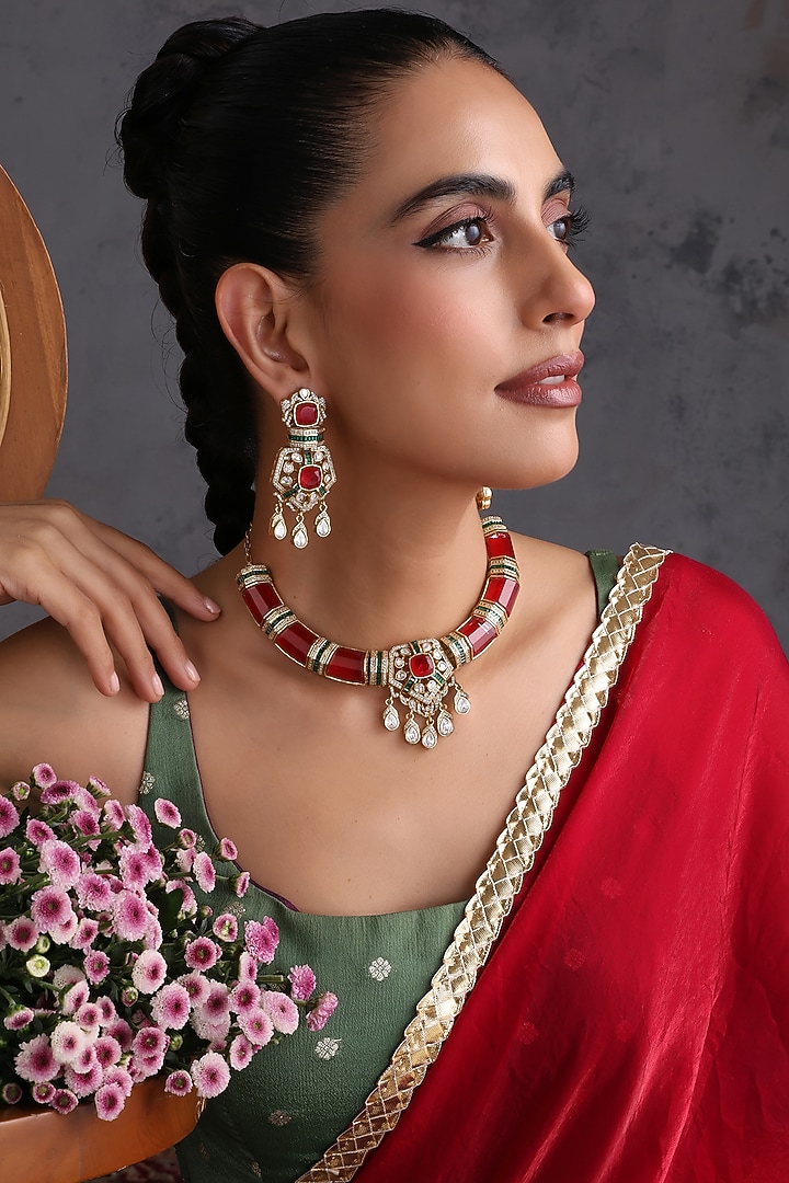 Gold Finish Ruby & Kundan Polki Handcrafted Hasli Necklace Set by Swabhimann Jewellery at Pernia's Pop Up Shop