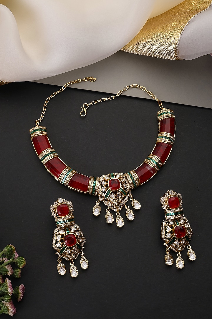 Gold Finish Ruby & Kundan Polki Handcrafted Hasli Necklace Set by Swabhimann Jewellery at Pernia's Pop Up Shop