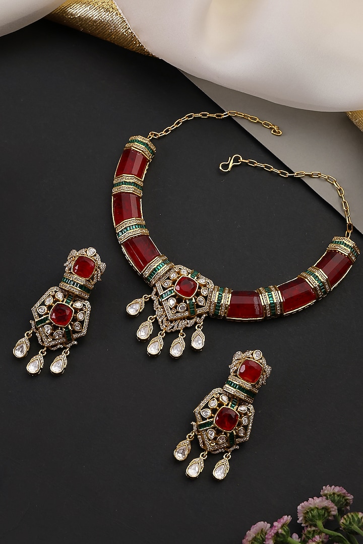 Gold Finish Ruby & Kundan Polki Handcrafted Hasli Necklace Set by Swabhimann Jewellery at Pernia's Pop Up Shop