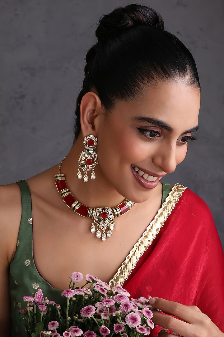 Gold Finish Ruby & Kundan Polki Handcrafted Hasli Necklace Set by Swabhimann Jewellery at Pernia's Pop Up Shop